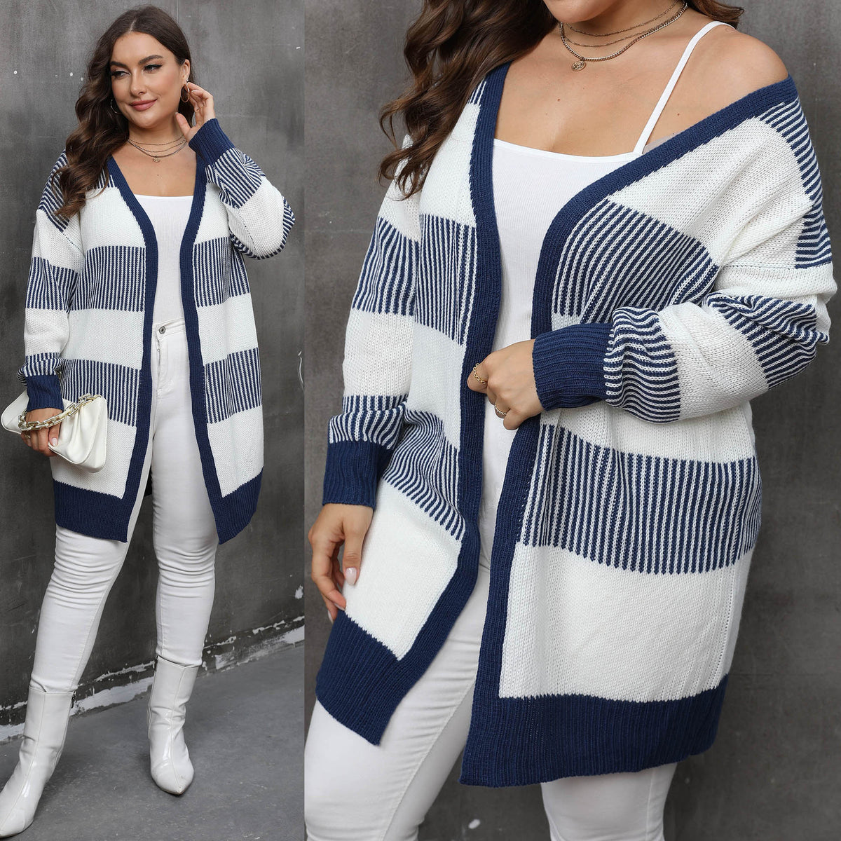 Women's Plus Size Women's Color-block Striped Knitted Casual Sweater Coat