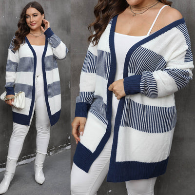 Women's Plus Size Women's Color-block Striped Knitted Casual Sweater Coat