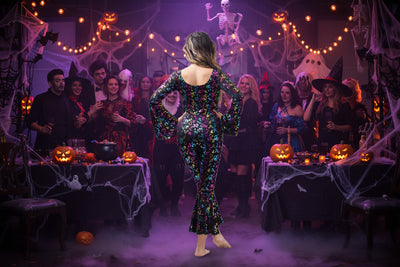 Halloween carnival disco note jumpsuit with black base and multicolor icons, backless scoop neckline
