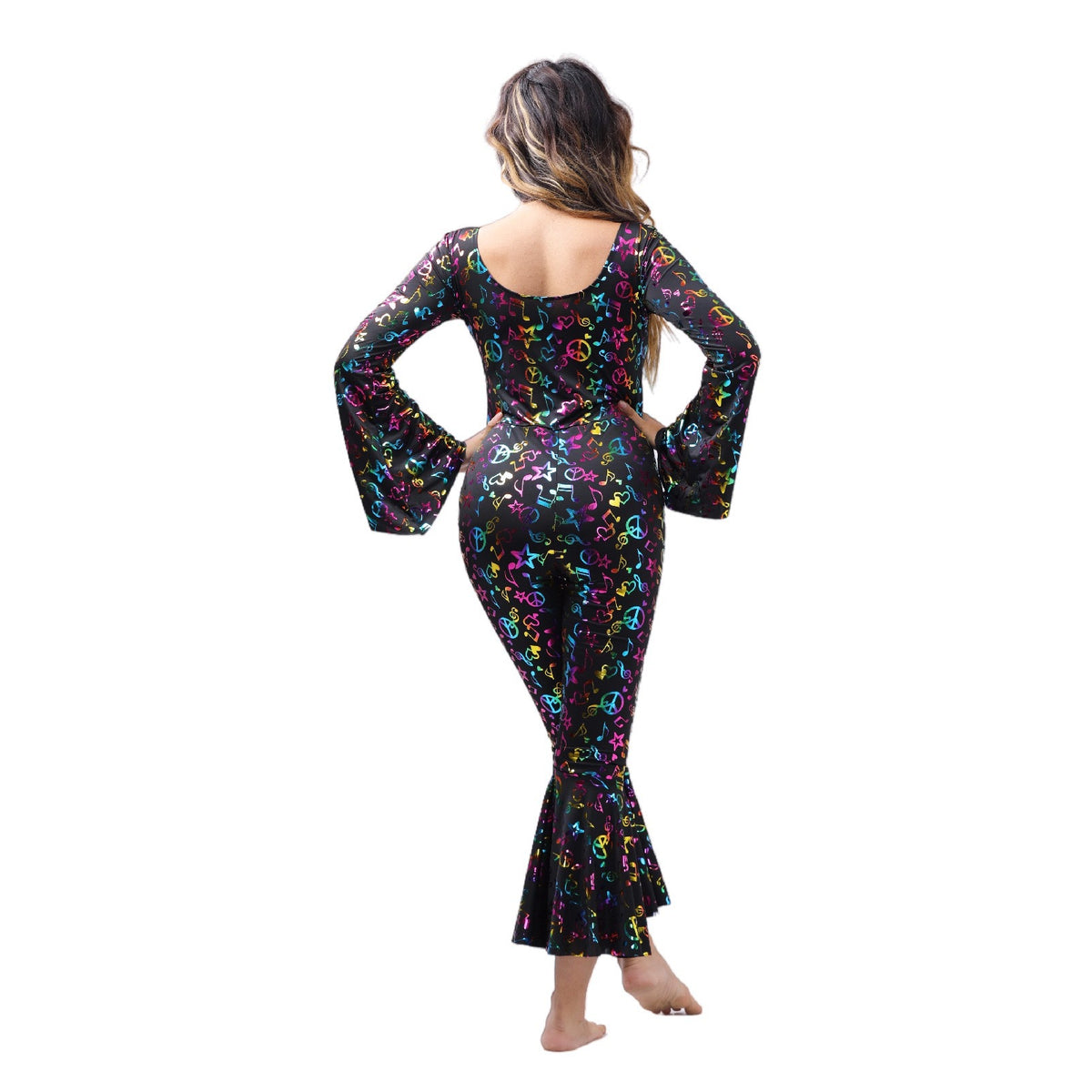Back view of Halloween carnival disco note jumpsuit: black with multicolor icons, flared cuffs