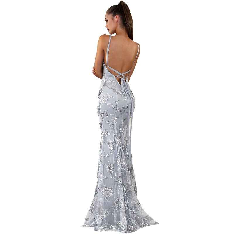 Sequin Lace-Up Back Maxi Dress - Deep V-Neck Spaghetti Strap Gown