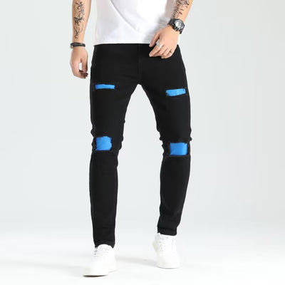Men's Ripped Skinny Jeans - Contrast Patch Stretch Denim