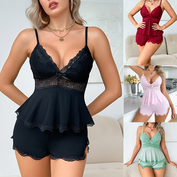 Lace Cami and Shorts Lingerie Set - V-Neck Bow Detail