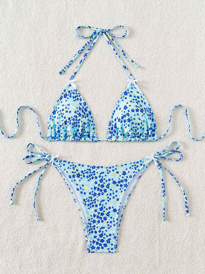 Floral Triangle Bikini - Lace Up Front Tie Bottoms Set