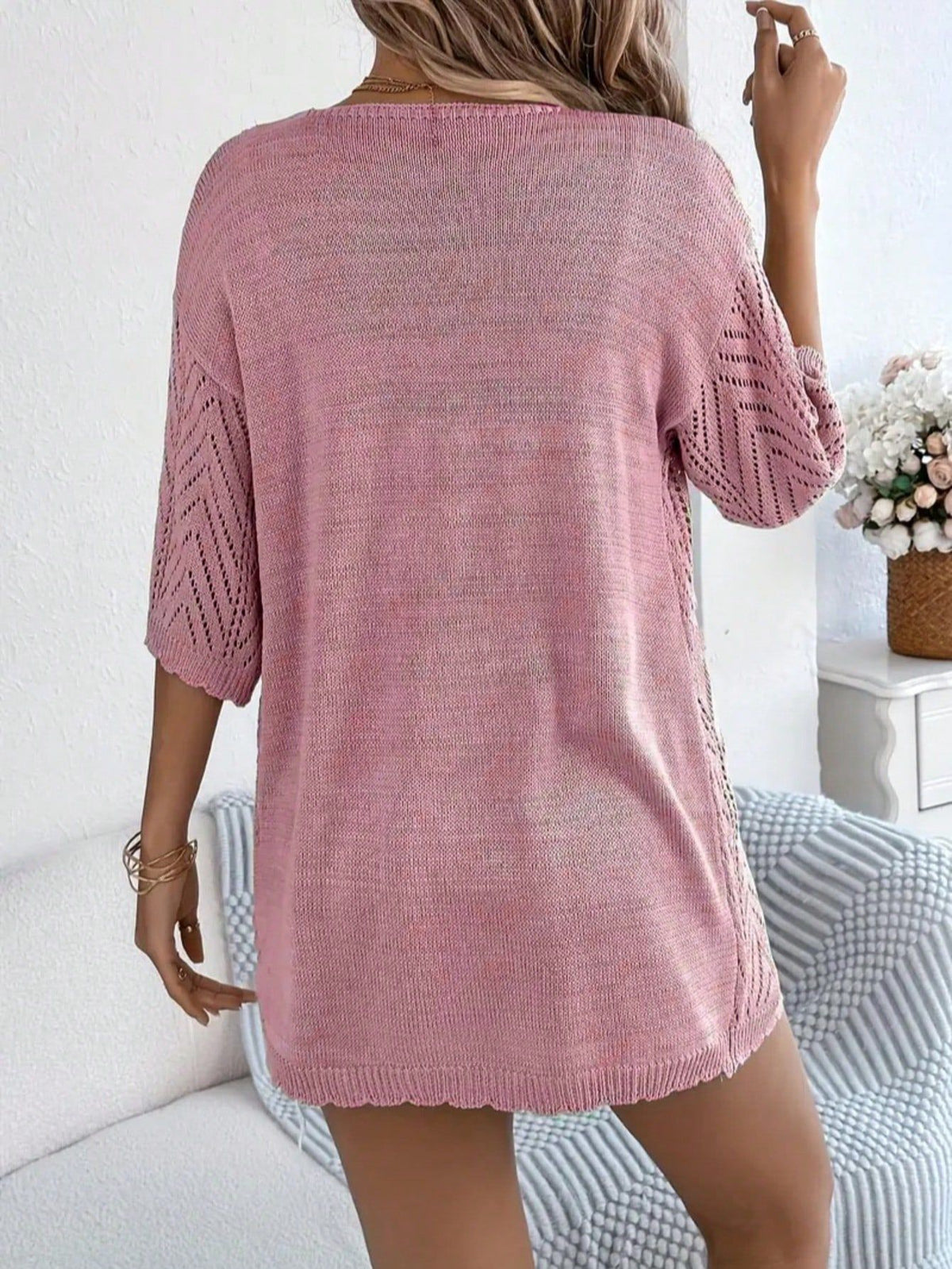 Women's Lightweight Open Front Knit Cardigan - Chevron Pointelle