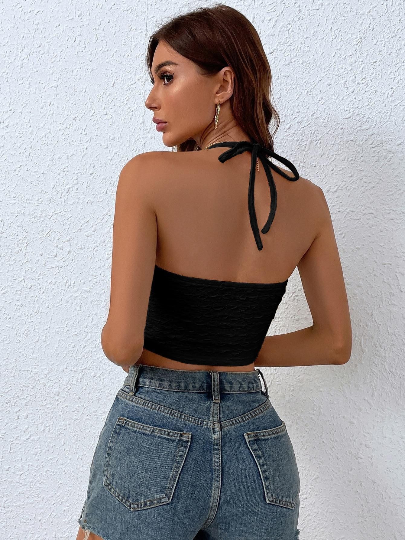 Criss-Cross Cutout Halter Crop Top - Ruched Deep V Tie-Back