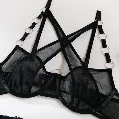 Mesh Garter Lingerie Set - Cross Straps And Ring Details