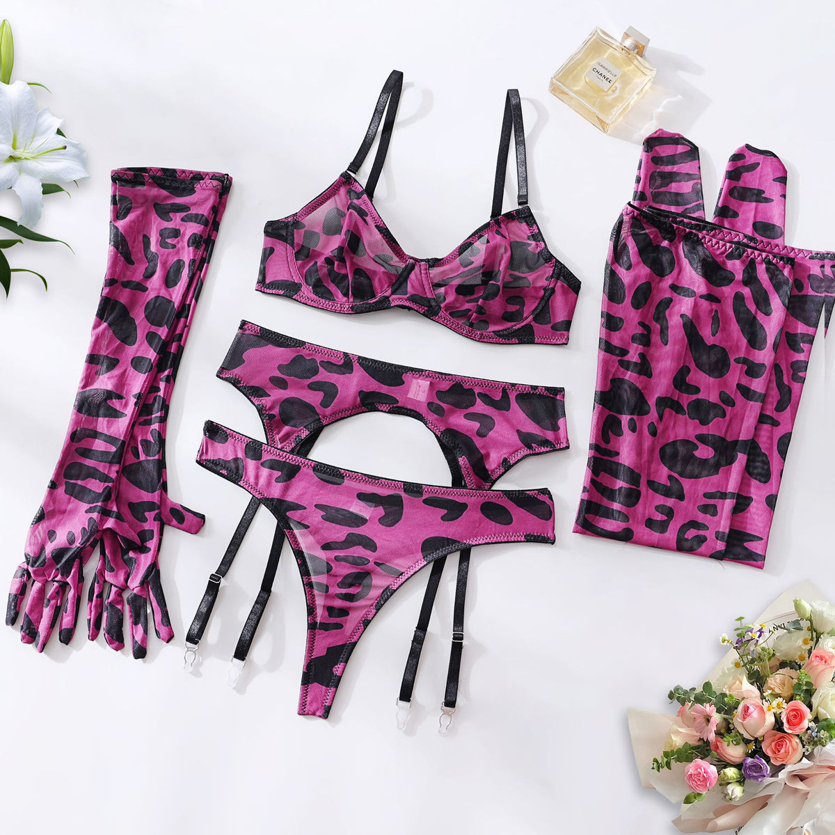 Abstract Print Mesh Five-Piece Lingerie Set - Garter and Gloves