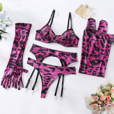 Abstract Print Mesh Five-Piece Lingerie Set - Garter and Gloves