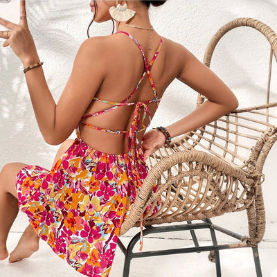 Summer Sweetheart Neck Mini Dress - Strap-Up Back