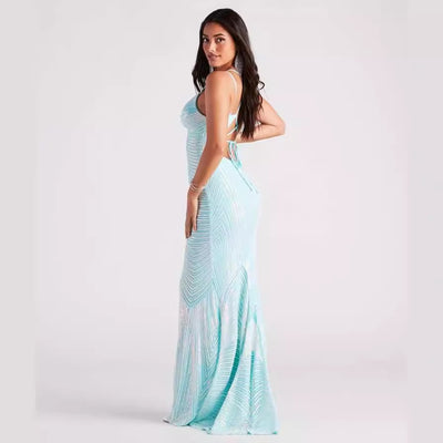 V-Neck Evening Dress - Sequin Floor-Length Gown - Fashions Envy