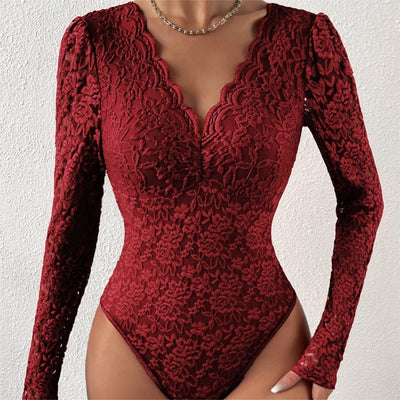 Wine long-sleeve lace bodysuit with scalloped V-neck and fitted silhouette