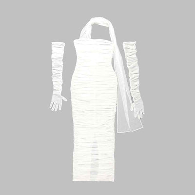 Sheer Mesh Backless Dress - White Halter Long Sleeve