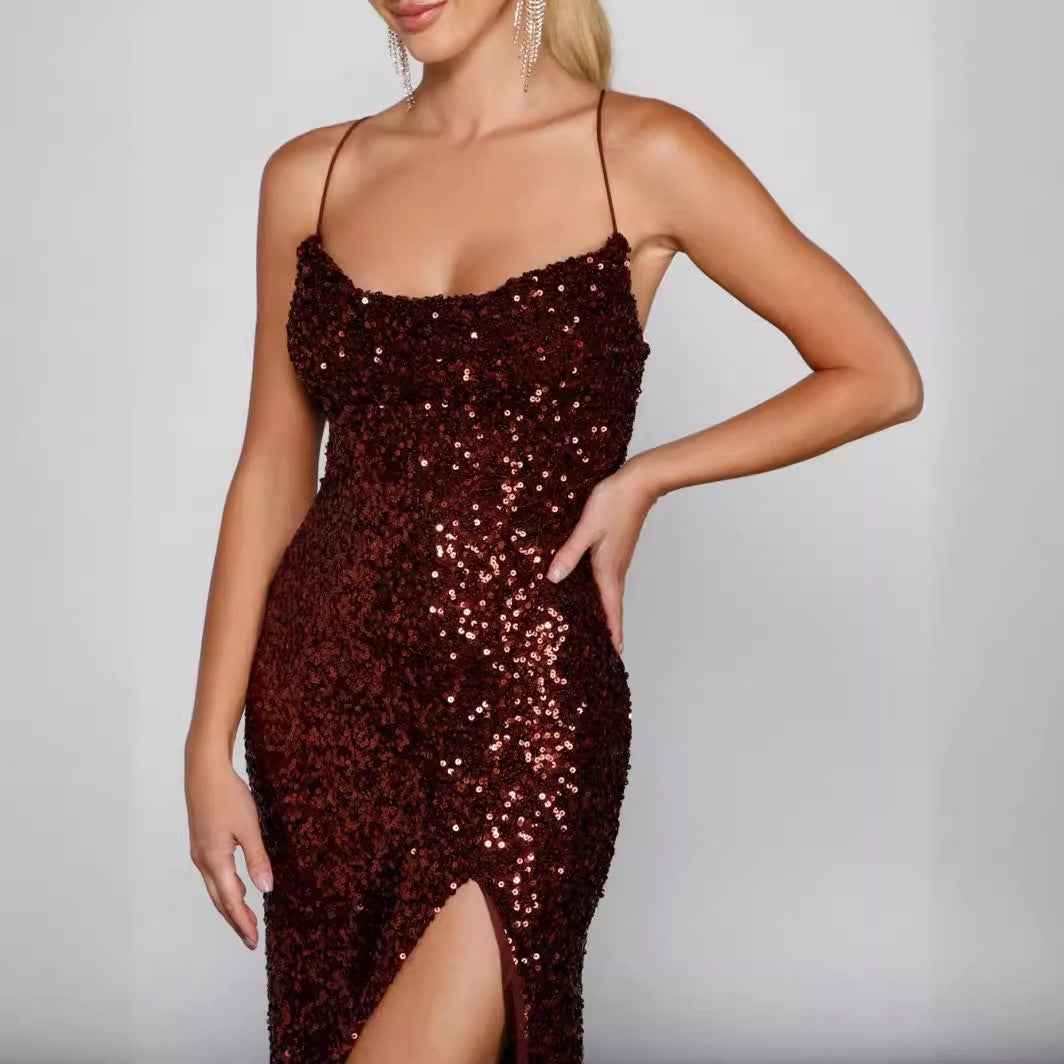 Sequin Camisole Maxi Dress - Thigh Split V-Neck Glam