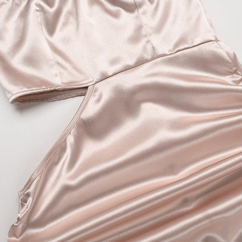 Champagne Satin Halter Maxi Dress - Cutout Waist Ruched Slit Mermaid Gown