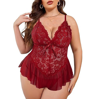 Plus Size Lace Lingerie Romper - Deep V-Neck Ruffle Hem