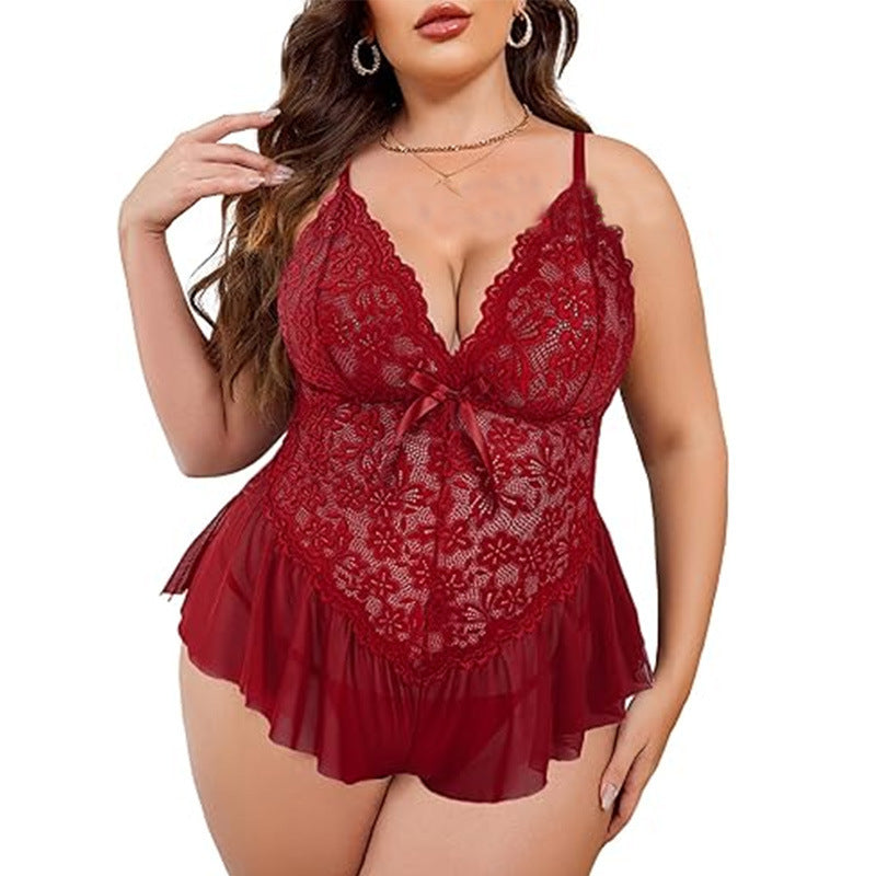 Plus Size Lace Lingerie Romper - Deep V-Neck Ruffle Hem