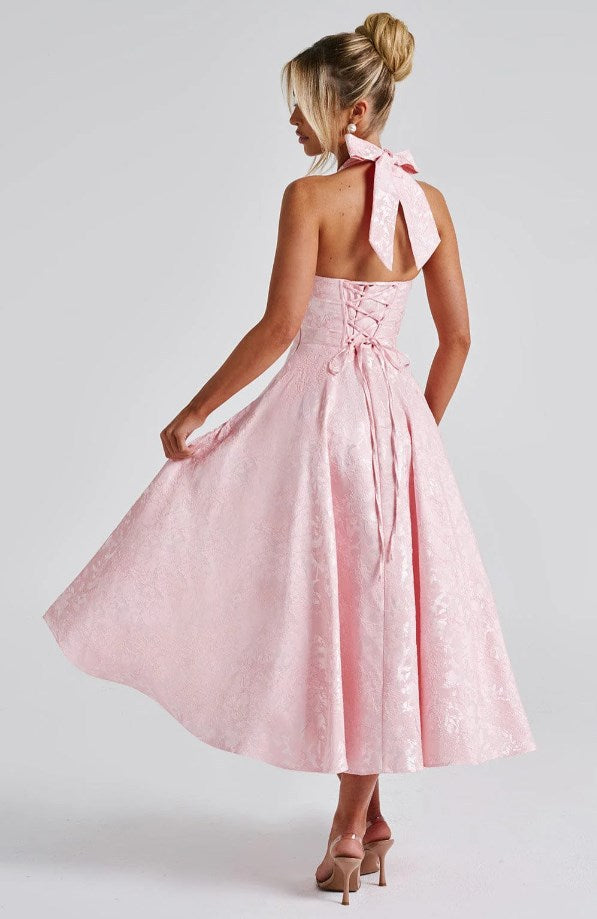 Jacquard Halter Midi Dress - Deep V Corset Waist A-Line Skirt
