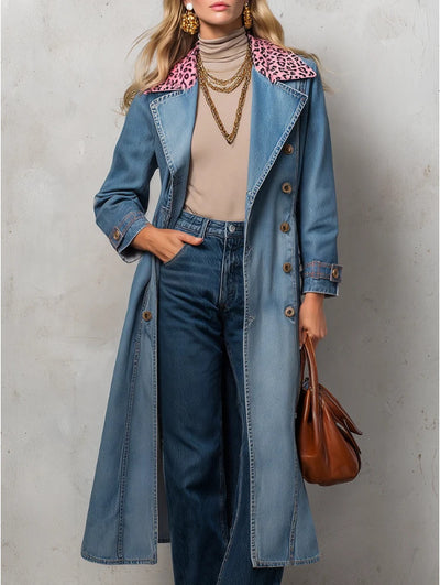 Women's blue denim trench coat with leopard-print collar, long sleeves, button details