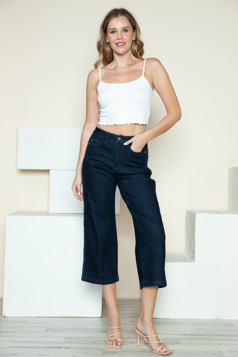 Judy Blue Full Size Side Seam Braid Detail Crop Wide Leg Jeans - Fashions Envy
