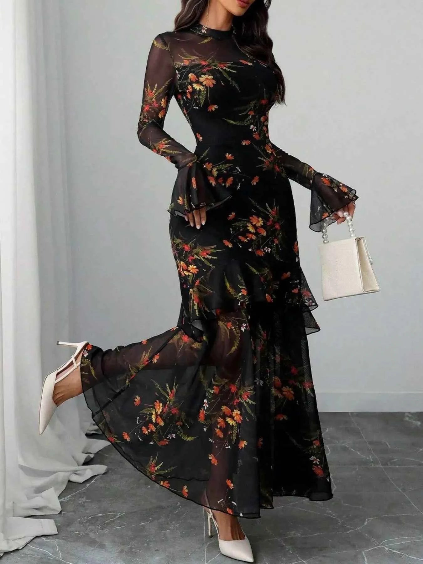 Floral Print Flounce Sleeve Mermaid Maxi Dress