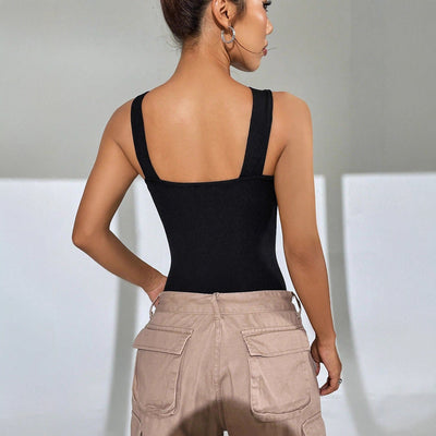 Crossover Halter Bodysuit - Ribbed Texture and Square Back