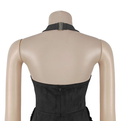 Black jumpsuit back with halter strap and central seam detail