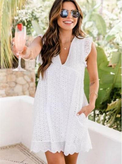 Lace Beach Dress - V-Neck Sleeveless Summer Dress with Pockets