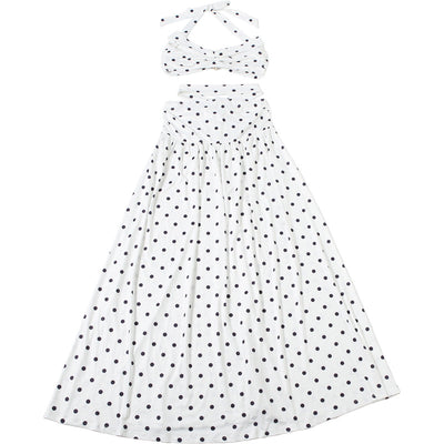 White polka-dot halter maxi skirt set with off-shoulder top and waist straps