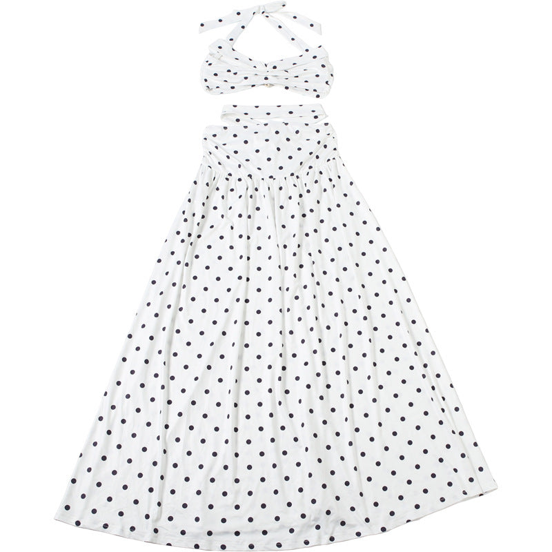 White polka-dot halter maxi skirt set with off-shoulder top and waist straps