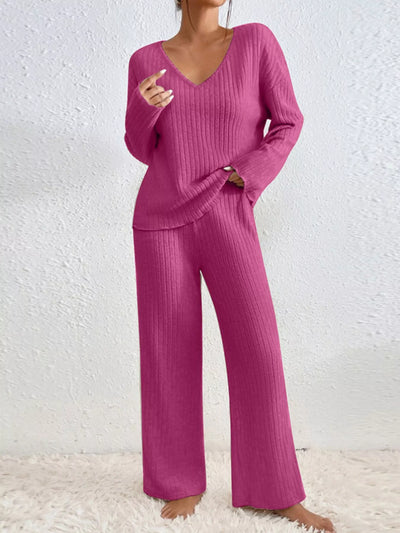 Ribbed Loungewear Set - V-Neck Top Wide-Leg Pants - Fashions Envy