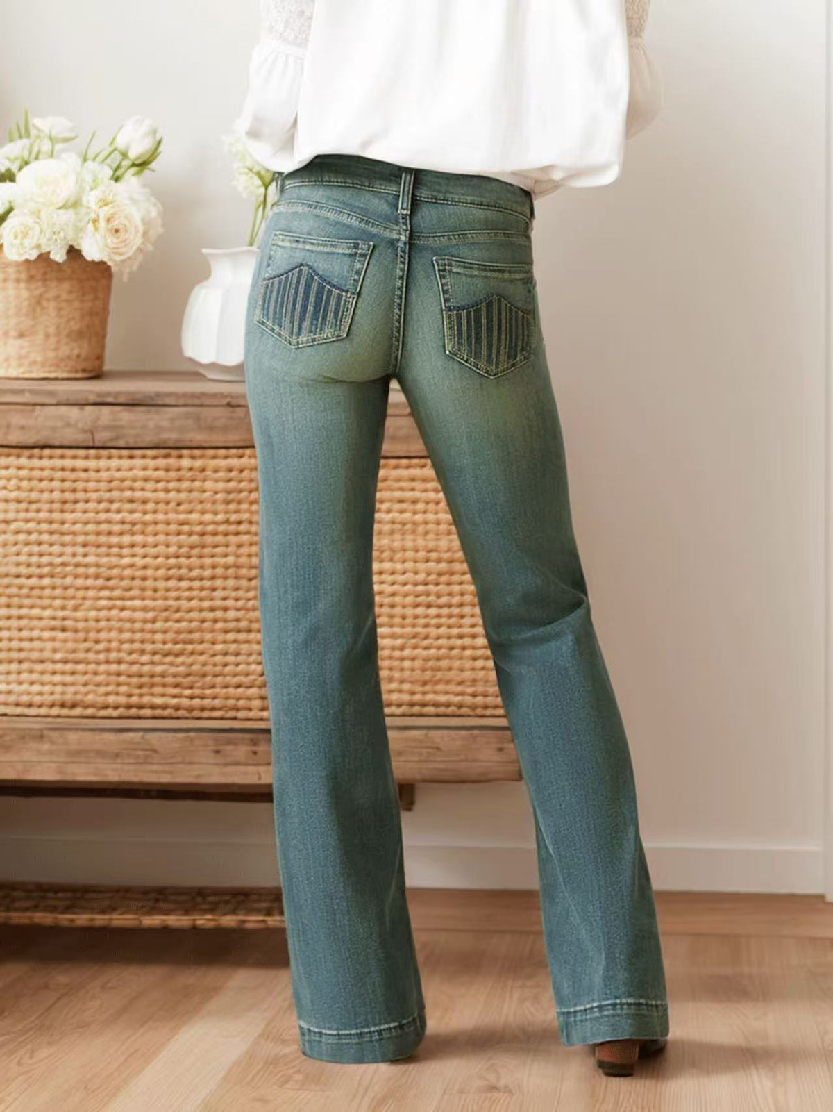 Retro Flare Jeans - Striped Back Pockets & Belt Loops