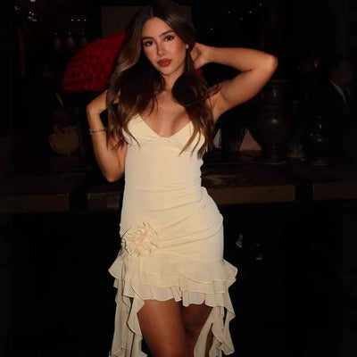 Three-dimensional Flower Mini Dress - Sleeveless Halter Neck