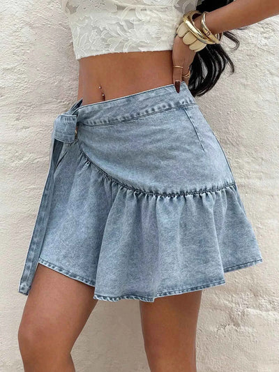 Ruffled Hem High Waist Bow Tie Denim Skirt
