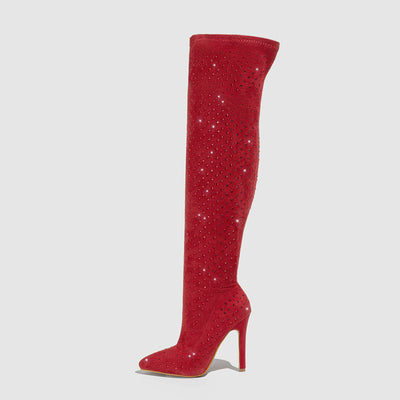 Red over-the-knee stiletto boots with sparkly fabric and slim heel