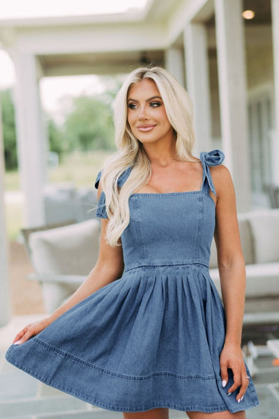 Square Neck Tie Shoulder Denim Mini Dress