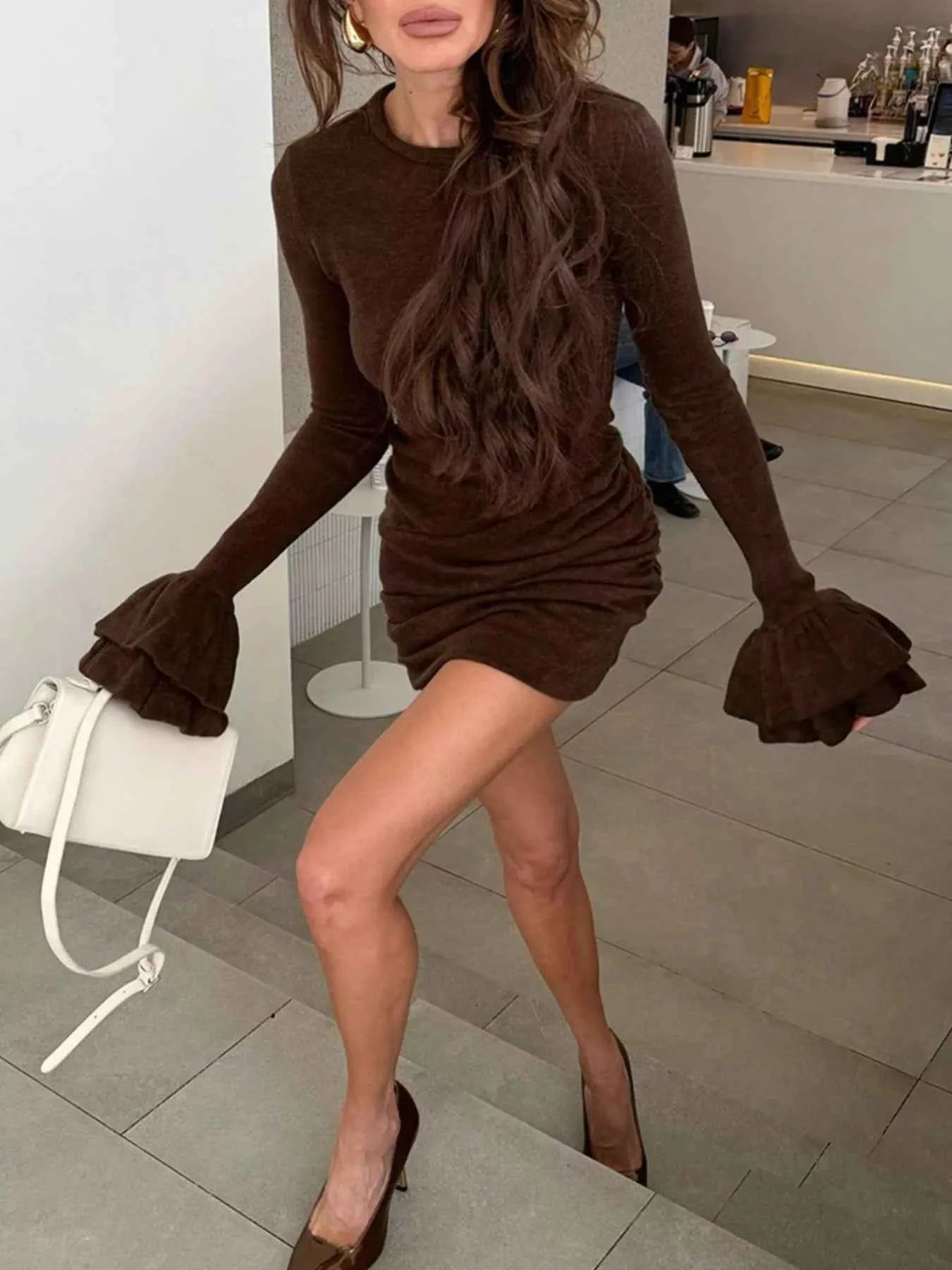 Ruched Flounce Sleeve Mini Dress