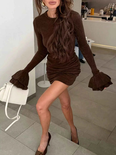 Ruched Flounce Sleeve Mini Dress