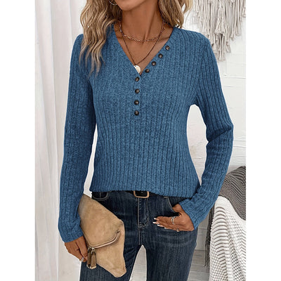 Ribbed V-Neck Tunic - Slim Fit Button-Down Top