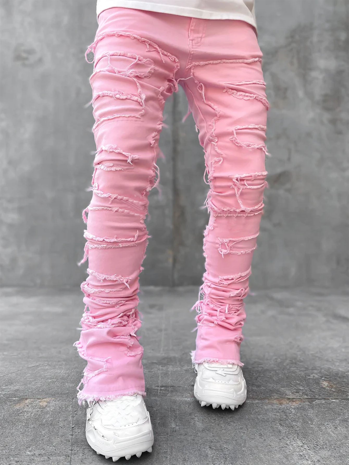 Men's Individual Patched Pants Long Tight Fit Stacked Jeans