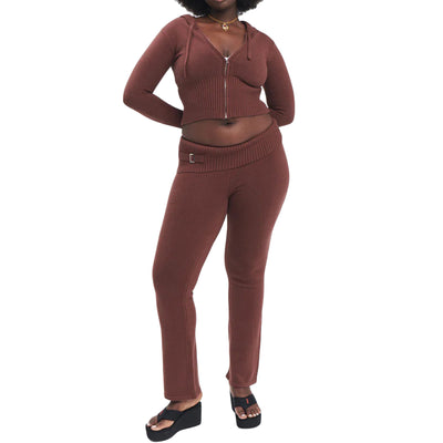 Soft Zip-up Long Sleeve Crop Sweater and Low Waist Pants Set