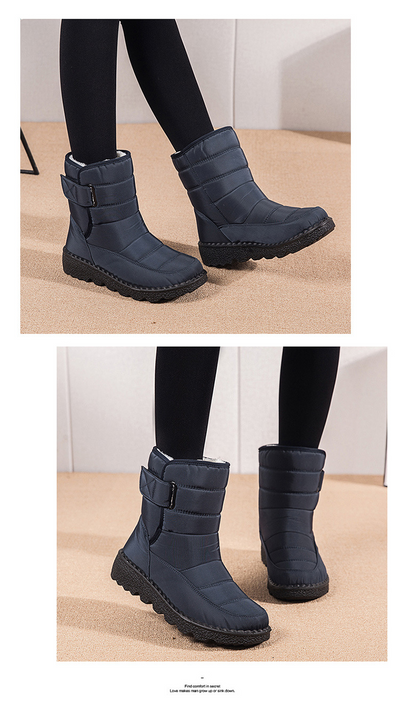 Quilted ankle boots in navy with plush lining and buckle strap detail