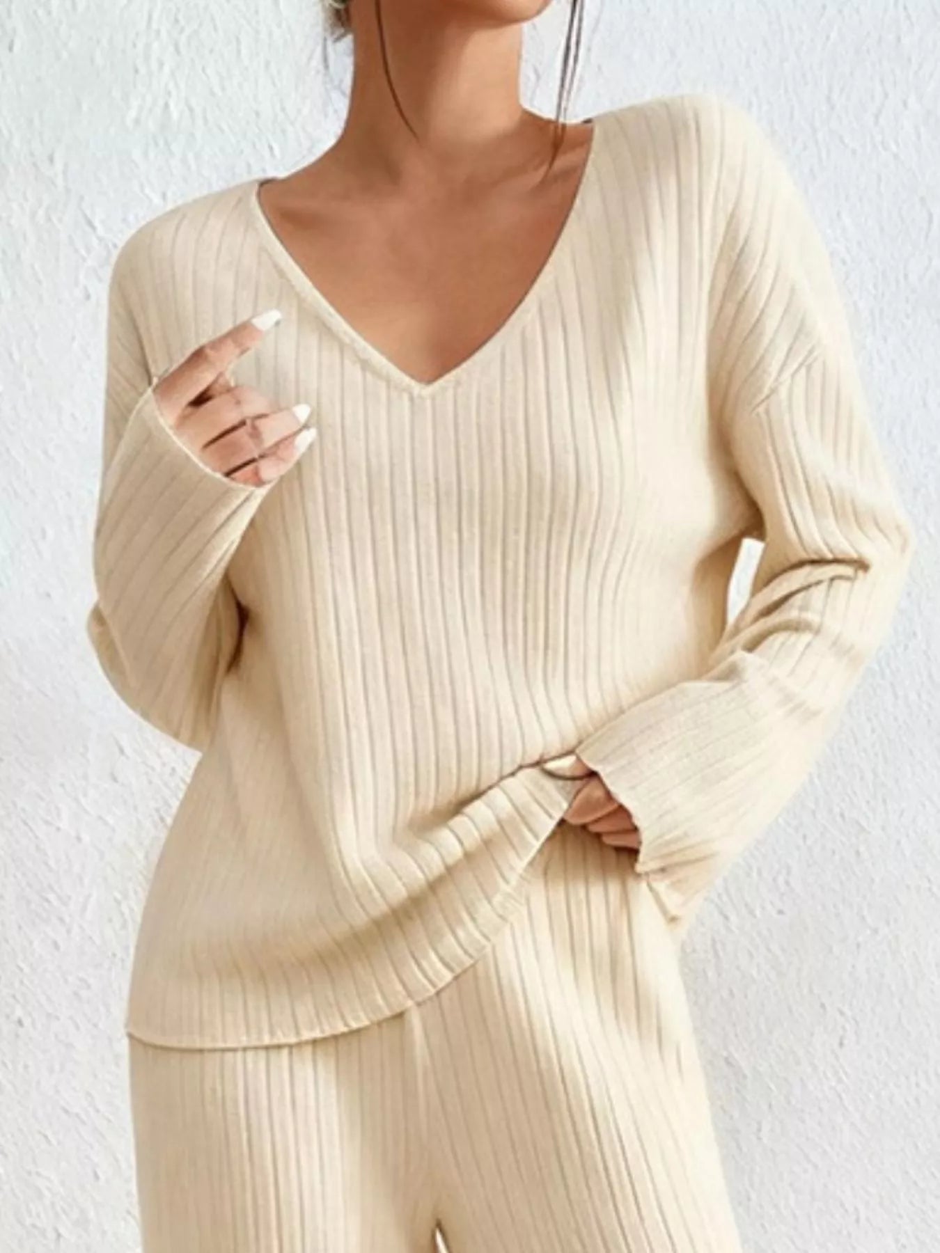 Ribbed Loungewear Set - V-Neck Top Wide-Leg Pants - Fashions Envy