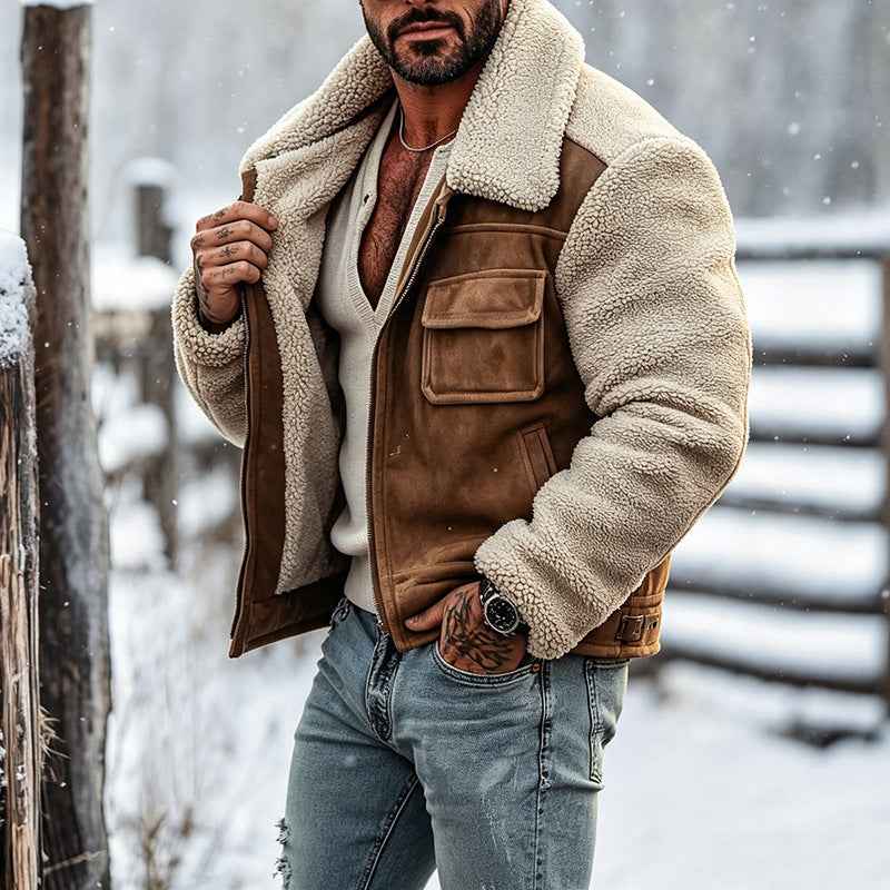 Mens Shearling-Blend Suede-Lined Lapel Zip Jacket