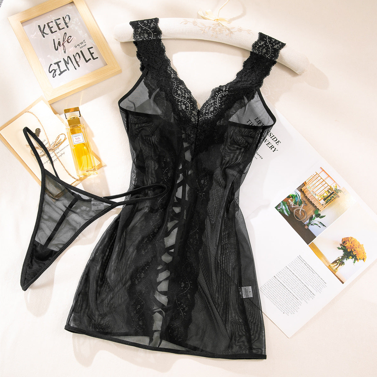 Black mesh chemise with scalloped lace neckline and lace-trim edges