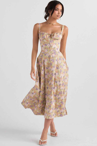 Corset Lace-Up Back Midi Dress - Wide Strap Side Slit