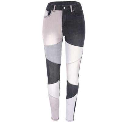 Autumn new blue and black two-color splicing trendy cotton washed denim high waisted plus size women's clothing