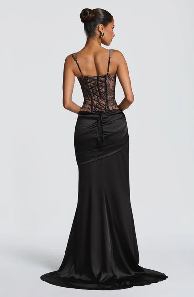 Lace Corset Top and Maxi Skirt Set - Ruched Satin-Look Finish