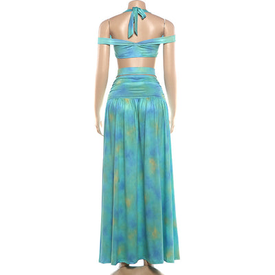Light blue gradient maxi skirt with off-shoulder top and crisscross waist straps