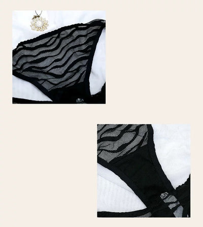 Black wavy mesh plunge bra and matching underwear set, close-up